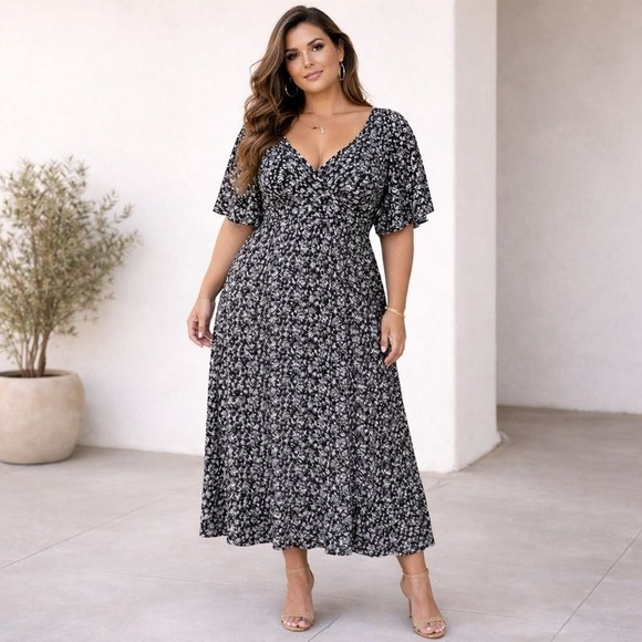 a new day Dresses & Skirts - A New Day Black Floral Print Flutter‎ Sleeve V Neck Midi Dress Plus Size 3X